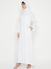 Umrah / Hajj Rayon Solid White Abaya for Women with Black Georgette Scarf