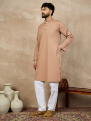 Beige Solid Cotton Kurta and White Pajama Set For Men