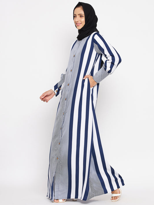 Blue Stripe Front Open Abaya for Women with Black Georgette Scarf