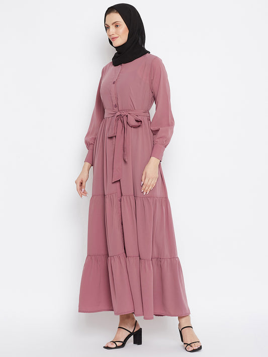 Frilled Pink Abaya Burqa For Women With Belt and Black Hijab