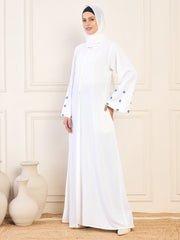 Front Open White Solid Hand Work Detailing Luxury Abaya Burqa For Women With Matching Georgette Hijab