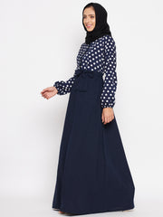 Blue and White Polka Printed Crepe Abaya for Women with Black Georgette Hijab