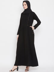 Black Solid Side Plate Abaya Dress for Women with Black Georgette Scarf