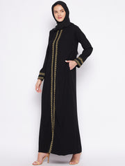 A-Line Black Embroidery Design Abaya with Black Georgette Hijab