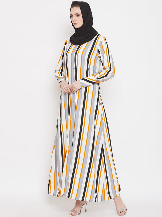 Yellow Stripe Front Open Abaya Burqa for Women with Black Georgette Hijab