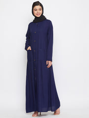 Blue Rayon Front Open Abaya for Women with Black Georgette Scarf