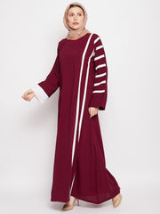 A-Line Piping Design Maroon Abaya for Women with Black Georgette Hijab