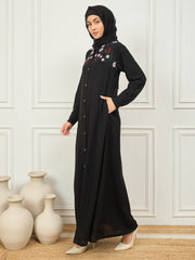 Front Open Embroidery Detailing Black Abaya Burqa With Matching Georgette Hijab