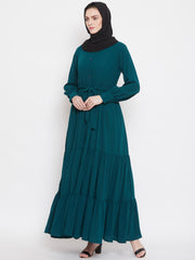 Frilled Bottle Green Abaya Burqa For Women With Belt and Black Hijab