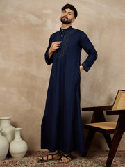 Blue Solid Thread Detailing Cotton Arabic Jubba / Thobe For Men