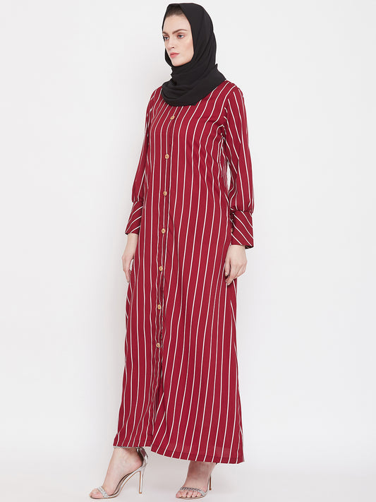 Maroon Stripe Front Open Abaya for Women with Black Georgette Scarf