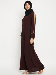 Front Open Solid Women Brown Abaya Burqa With Black Georgette Scarf
