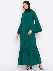 Bottle Green Plats Design Front Open Abaya with Black Georgette Hijab