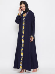 Blue Dubai Style Front Open Abaya with Black Georgette Hijab