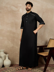 Black Solid Half Sleeve Cotton Arabic Thobe/Jubba For Men