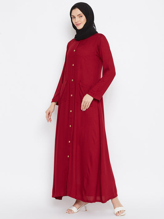 Maroon Rayon Front Open Abaya for Women with Black Georgette Scarf