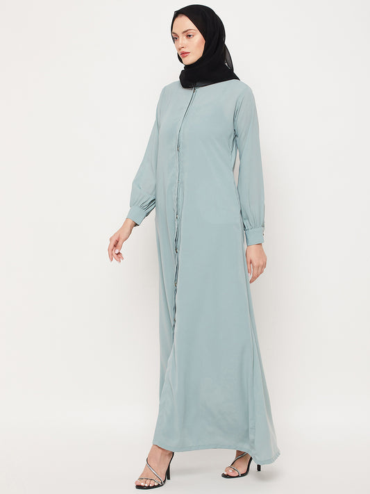 Front Open Sea Green Solid Mandarin Collar Abaya Burqa With Black Hijab