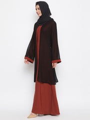 Black and Rust Solid Shrug Attached Casual Abaya for Women With Black Georgette Scarf