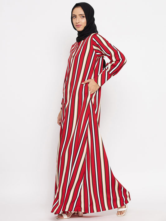 Red Stripe Front Open Abaya for Women with Black Georgette Scarf