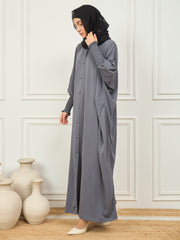 Front Open Grey Solid Loose Fit Kaftan Abaya With Black Georgette Hijab