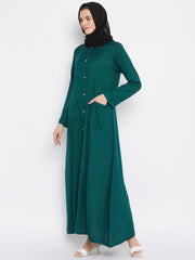 Bottle Green Rayon Front Open Abaya for Women with Black Georgette Scarf