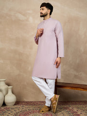 Men's Solid Lavender Color Cotton Kurta and White Pajama Set