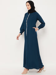 Teal Color Piping Design Abaya for women with Black Georgette Scarf