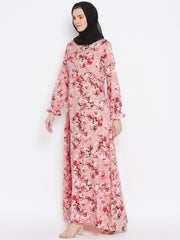 Pink Floral Printed Crepe Abaya Dress with Black Georgette Hijab