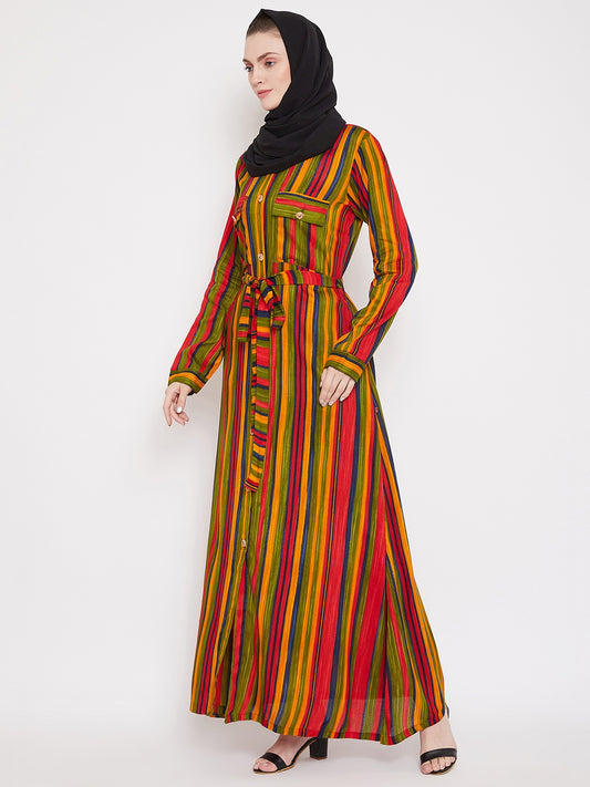 Multi Color Rayon Stripe Front Open Abaya for Women with Black Georgette Scarf