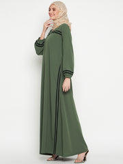 Jade Green and Black Piping Design A-Line Abaya for Women with Black Georgette Hijab