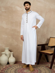 White Solid Cotton Mandarin Collar Arabic Thobe with Grey Piping Design For Men