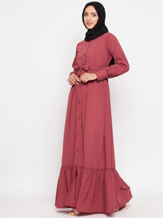 Rust Front Open Frill Abaya Dress with Black Georgette Hijab