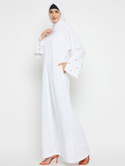 White Luxury Abaya For Umrah / Hajj with hand work detailing Paired with Black Hijab