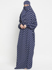 Blue and White Polka Printed One Piece Free Size Jilbab for Girls and Women