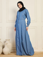 Blue Solid Cuffed Sleeves Denim Abaya Burqa With Black Georgette Hijab