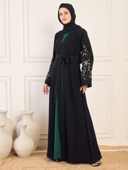 Black and Bottle Green Solid Luxury Hand worked Abaya Burqa for Women with Black Hijab