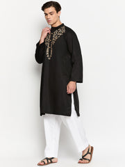 Embroidery Details Black Solid Cotton Kurta Pajama Set For Men