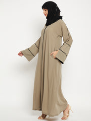 Beige A-Line Black Piping Design Abaya for Women with Black Georgette Hijab