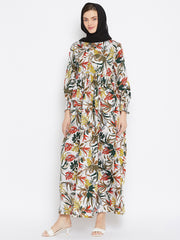 Off White Floral Printed Crepe Abaya Dress with Black Georgette Hijab