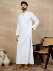 White Solid Cotton Mandarin Collar Arabic Thobe For Men