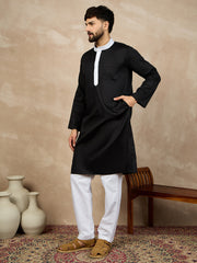 Black Solid Mandarin Collar Cotton Kurta For Men With Piping Detailing