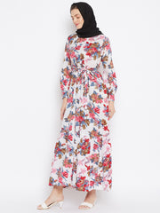 White Floral Printed Crepe Frill Abaya Dress for Women with Black Georgette Scarf