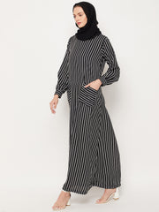 Black Striped Abaya for Women with Black Georgette Hijab