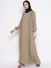 Beige A-Line Abaya with Both Side Black Piping for Women with Black Georgette Hijab