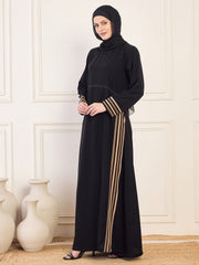 Piping Detailing A-line Black Solid Abaya Burqa For Women With Black Georgette Hijab