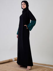 Front Open Kefiyyeh Embroidered Black Abaya Burqa With Black Georgette Hijab