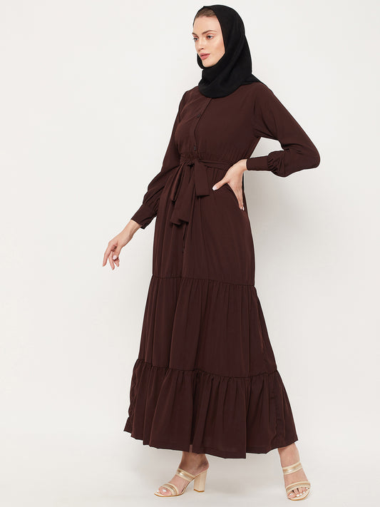 Frilled Brown Abaya Burqa For Women With Belt and Black Hijab