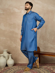 Blue Solid Denim Pathani Kurta Pajama Set For Men