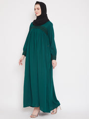 Bottle Green Solid Lace work Designed Abaya Dress for Women with Black Georgette Scarf