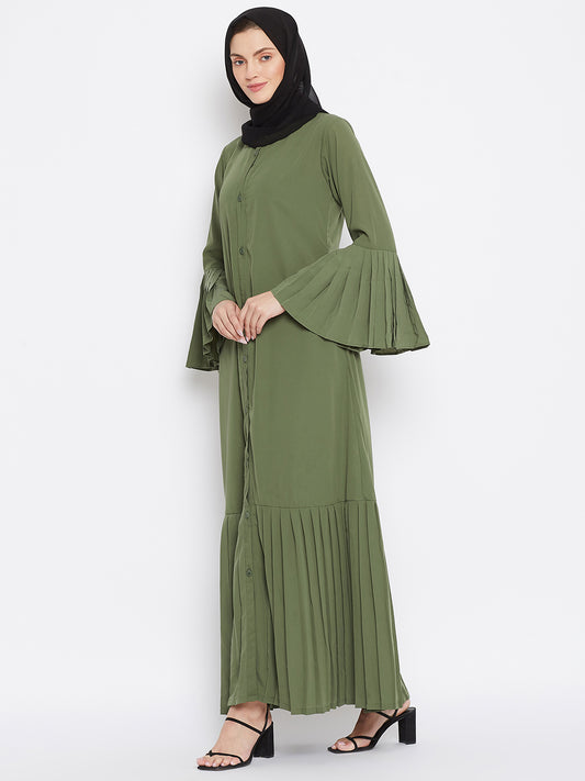 Jade Green Plats Design Front Open Abaya with Black Georgette Hijab